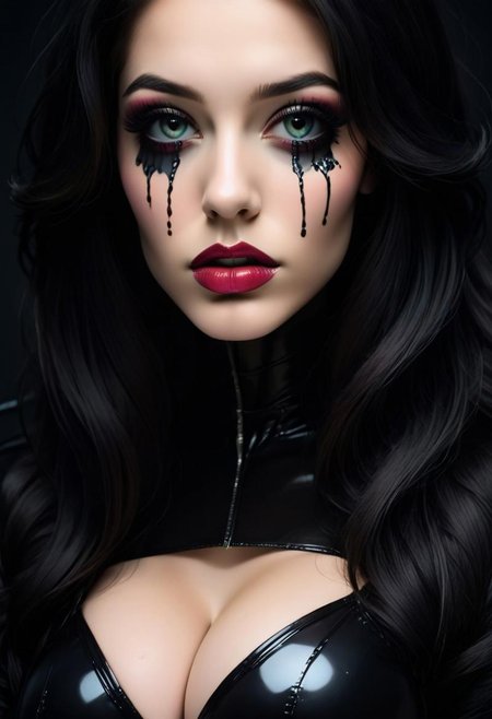 concept art, realistic, dark theme, low light. 1girl, solo, 18 years old.
Gorgeous sexy female. Beautiful feminine face, Long  hair. ((TearsMakeUp)), latex tears.
(Big breast), (Round breast:1.2).