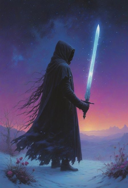 digital artwork by Beksinski, vibrant colors, epiCPhoto, masterpiece, retro style, 
Twilight has spilled the ink,
The purple light has pinked the heavens,
And dimmed the diamonds of the stars,
And every flower lights up the stars,
And every shadow is armed with a dagger and a assassin's cloak
Feathery snow,
Silent snow,
shadow on wall