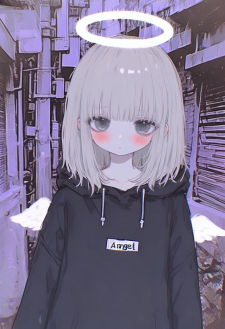 halo, 1girl, hood, solo, hoodie, looking at viewer, wings, hood down, upper body, black hoodie, angel, medium hair, bangs, outdoors, angel wings, white hair, long sleeves, blush, grey eyes, drawstring <lora:748cmXL_NB11_lokr_V6311P:0.95>