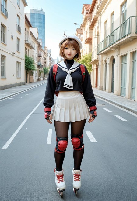 score_9, score_8, score_7, a high detail RAW color professional photo of a 18yo beautiful stunning plump woman posing for a picture, Kinomoto_Sakura, green_eyes, brown_hair, short_hair, antenna_hair, hair_intakes, perfect anatomy wide hips, narrow waist, broad shoulders, beret, white headwear, white_skirt, pleated_skirt, black_shirt, white_sailor_collar, white_neckerchief, long_sleeves, backpack, pantyhose, knee pad,elbow pad,wrist pad, inline skates, oversize clothes pose, standing, outdoors, cityscape, blue sky, soft lighting, 8k, perfect lighting, cinematic lighting, highly detailed eyes, highly detailed pupils, highly detailed face, highly detailed skin texture, highly detailed facial features, highly detailed hair texture, highly detailed body, highly detailed hands and fingers, highly detailed nails, highly detailed background, full-body shot, looking at the viewer, f/2.8, 50mm focal length, ISO 200, photographed on a Canon EOS 90D Camera