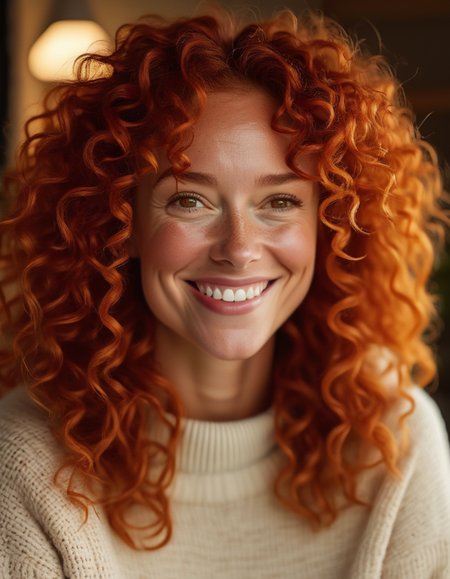 A close-up of a woman with curly red hair, her amber eyes filled with warmth and kindness. Sheâs wearing a cozy sweater, the soft lighting highlighting the gentle curve of her smile, making her appear approachable and friendly. <lora:usual-portrait-v2:1>