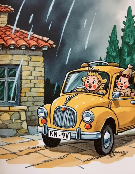 a detailed, hand-drawn illustration in a whimsical, cartoon style, rembrandt style, classic children's storybook illustration. The illustration's colors are vibrant and bold, with a mix of warm and cool tones that enhance the character's lively and friendly appearance. The overall style is reminiscent of classic children's storybook illustrations.
a 70s car standing in front of a villa in rain