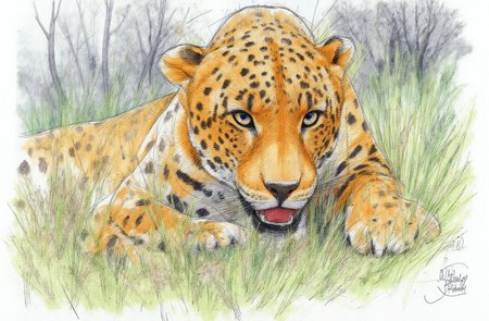 Sharp image of a rough sketch, rendered in vibrant multi colour ballpoint pen, capturing the adorable features of a close-up portrait of a leopard's face. The leopard is lying down in the grass, with its body slightly turned to the side. Its eyes are looking directly at the camera, and its mouth is slightly open, as if it is about to pounce. The background is blurred, but it appears to be a wooded area with trees and foliage. The focus of the image is on the leopard, with the focus on its face and body.  p3nsk, <lora:p3nsk:1>