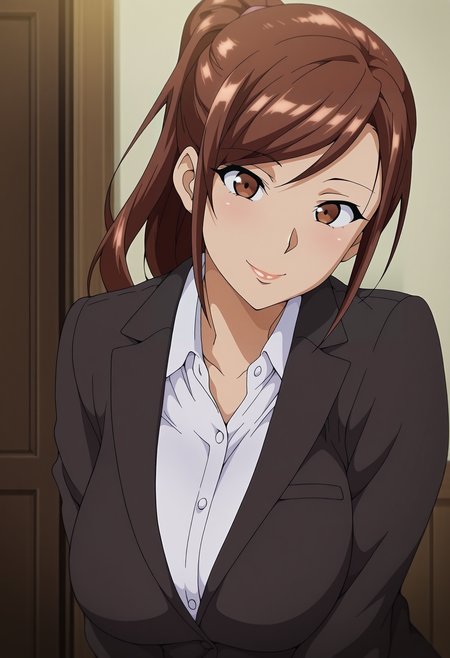 mm,mature female,1girl,solo,brown hair,brown eyes,long hair,ponytail,breasts,anime coloring,
formal,upper body, looking at viewer, smile,indoors
,masterpiece,best quality,amazing quality,<lora:Hisato_Azuma-Himawari_wa_Yoru_ni_Saku_ix:0.8>