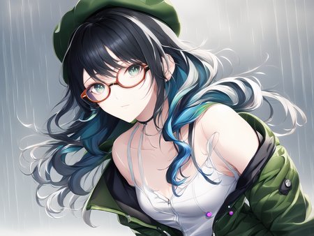 1girl, bangs, bare shoulders, beret, black hair, black shorts, blue hair, bracelet, breasts, buttons, colored inner hair, double-breasted, eyewear removed, green headwear, green jacket, grey eyes, grey sky, hat, jacket, jewelry, long hair, looking at viewer, multicolored hair, neck ring, o-ring, off shoulder, rain, round eyewear, shorts, sidelocks, small breasts, solo, sunglasses, wavy hair, wet, zipper,
(anime, waifu, exceptional, best aesthetic, new, newest, best quality, masterpiece:1.2),  <lora:NovelAILora:1>