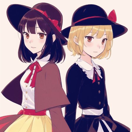 <lora:mayonoseart:1>, mayonoseart, 2girls, blonde hair, brown hair, capelet, comic, cover, cover page, doujin cover, dress, frilled dress, frilled skirt, frills, gap, hat, hat ribbon, highres, long sleeves, mob cap, multiple girls, neck ribbon, ribbon, shirt, short hair, skirt
