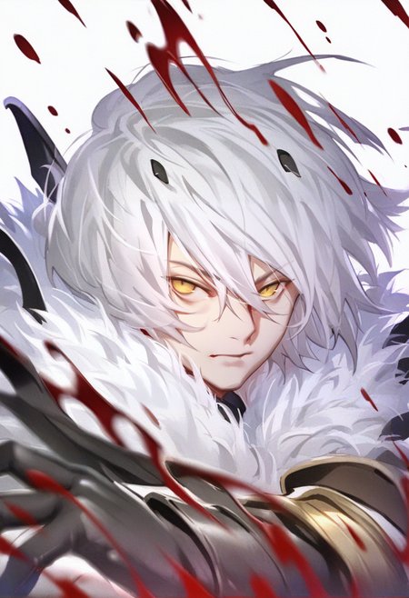 solo, yellow eyes, white hair, fur trim, 1boy, male focus, white background, looking at viewer, hair between eyes, horns, blood, simple background, closed mouth, short hair, upper body, gloves <lora:solaXL_NBVP1_lokr_V6311PZ:0.95>