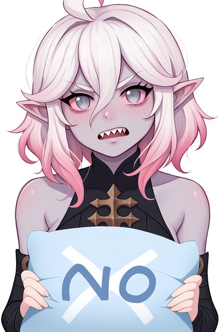 score_9, score_8_up, score_7_up, score_6_up, BREAK, BriarLoLXLv2, grey skin, colored skin, no pupils, grey eyes, pink sclera, white hair, pink hair, two-tone hair, gradient hair, short hair, hair between eyes, ahoge, pointy ears, sharp teeth, medium breasts, bare shoulders, black thight dress, detached sleeves, black bandaged sleeves, looking at viewer, angry, anger vein, white background, YesNoPillowConceptPXL, upper body, no, blue pillow, holding pillow <lora:YesNoPillowConceptPXL:0.9>  <lora:BriarLoLXLv2:0.8>
