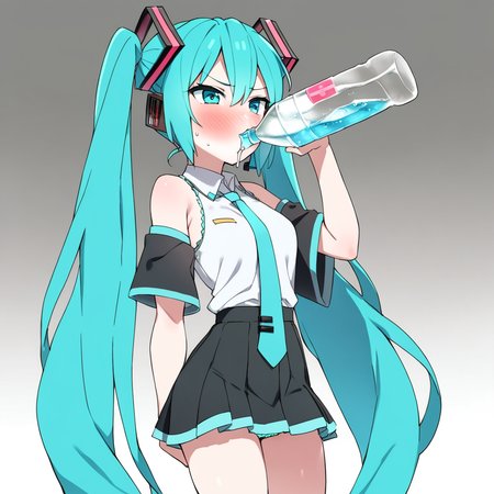 <lora:xl_katyusha_chug(kohaku_delta)-000014:1>,drinking,solo,bottle,blush,hatsune miku,, masterpiece, best quality,