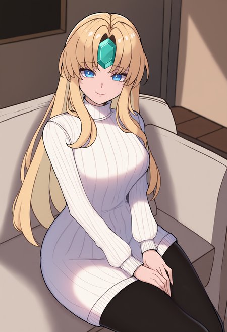 newest, solo, 1girl, ri3szdef, forehead jewel, smile, looking at viewer, sitting, on couch, hands on own thighs, blonde hair, blue eyes, white sweater, sweater dress, ribbed sweater, turtleneck sweater, long sleeves, black pantyhose, indoors, living room
<segment:yolo-Anzhc Face seg 640 v3 y11n.pt,0.5,1//cid=11>