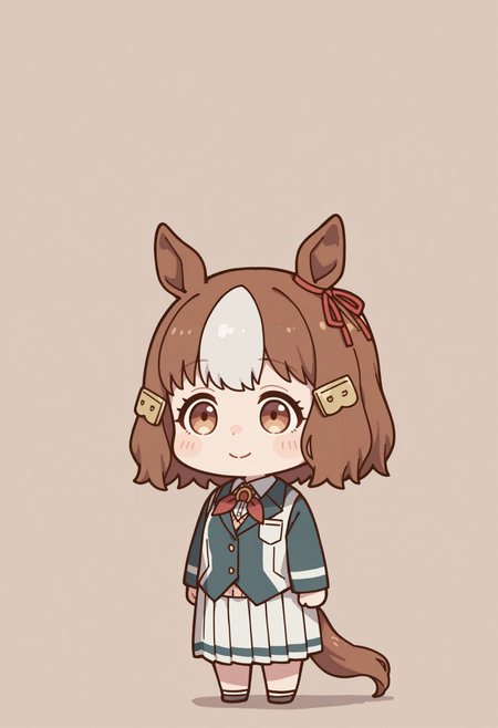hatching (texture), oekaki, muted colors, pale colors, hdr, best quality, masterpiece, 1girl, , smile, chibi only, simple background, standing, mob face, solid oval eyes
 <lora:Berno illu:1> 1girl, brown hair, white hair, multicolored hair, short hair, animal ears, horse girl, horse tail brown eyes, hair ornament, white shirt, collared shirt, long sleeves, jacket, vest, white skirt, pleated skirt,
