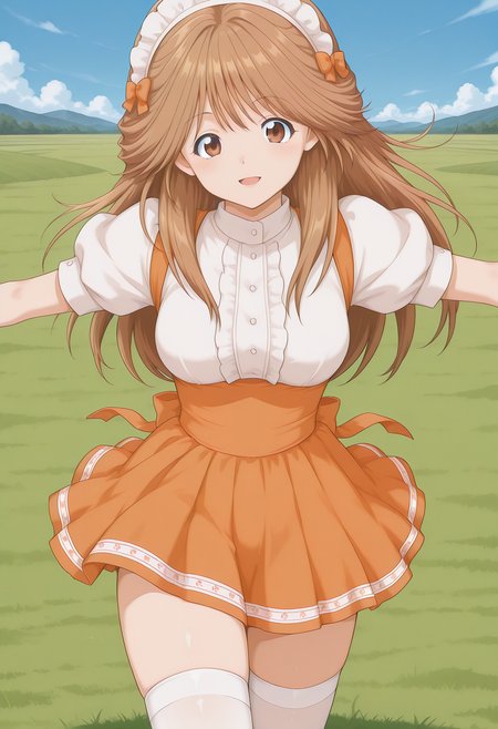 kawai_iyona, brown eyes, brown hair, long hair, headdress, waitress, white shirt, orange skirt, thighhighs, zettai ryouiki, <lora:kawai_iyona_illustrious_ver2:0.8>
smile, open mouth,, masterpiece, best quality, sensitive,, 1girl, solo, blue sky, (grasslands:1.2), looking at viewer,, (dynamic pose:1.4),