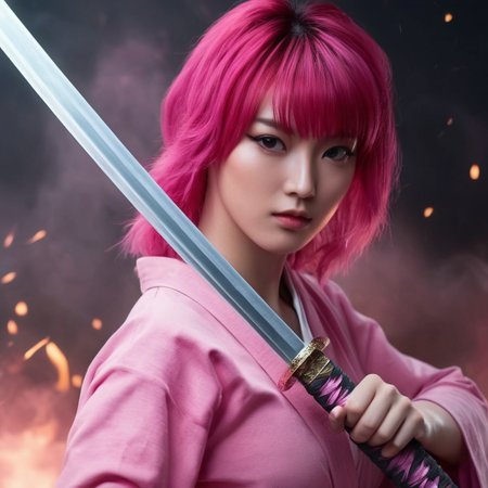 UHD, 4k, ultra detailed, cinematic, a photograph of  <lora:female samurai style v2:1>
full shot, an epic cinematic photo of a pink hair woman holding a Katana sword in her perfect hand, while staring at camera, in a pink outfit and white katana grey rob, with smoke flame ashes background, female samurai style, epic, beautiful lighting, inpsiring