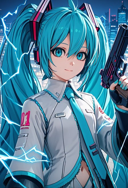 score_4,score_5,score_6,score_7_up,score_8_up,score_9 ((masterpiece,best quality,ultra detailed,highres,HD,4k:1.2)), 
Azure Striker Gunvolt(Main)
1girl, solo,solo forcus,girl forcus,((upper body)),
hatsune miku,absurdly long hair,aqua hair,twintails,hair ornament,sidelocks,hair between eyes,parted bangs, 
coat,long coat,navel,pants,black boots,knee boots,gloves,fingerless gloves,
standing,((black gun,holding gun)),electricity, 
night,city,science fiction, 
smile,