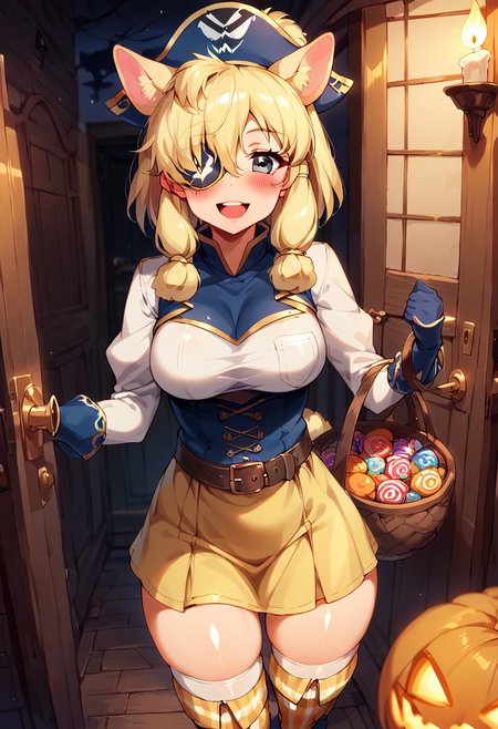 1girl, ((solo)), best quality, ultra-detailed, extremely detailed, perfect anatomy, masterpiece, score_9, score_8_up, score_7_up, Expressiveh, alpaca suri (kemono friends), alpaca ears, hair over one eye, bangs, blonde hair, grey eyes, sidelocks, hair tubes, hair bun, tail, short hair, horizontal pupils, outdoors, neighborhood, trick-or-treating, pumpkins, candles, halloween, trick-or-treater, jack-o-lantern, holding halloween basket, candy basket, front_door, open door, standing at the front door, viewer pov, pirate, light-yellow pirate hat, (pirate hat:1.1), light-yellow pirate outfit, light-yellow blouse, light-yellow skirt with trim, blue trim, light-yellow thighhighs, thighhighs, striped thighhighs, striped gloves, thigh squish, fully clothed, pirate gloves, pirate boots, belt, accessories, white trimmed sleeves, white trim, curvy, medium breasts, blushing, looking at viewer, soft blush, open mouth smile, cute look, closeup, depth-of-field, ears sticking out of hat, thobrine, shiny skin, yellow eyepatch, (eyepatch:1.1), pirate_eyepatch,