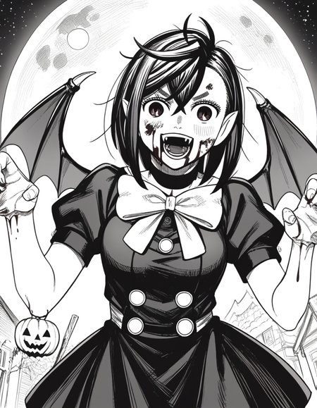 score_9, score_8_up, score_7_up, source_anime, <lora:momo-ayase-manga-ponyxl-lora-nochekaiser:1>, momo ayase, short hair, bangs, thick eyebrows, monochrome, greyscale, medium breasts,, <lora:vampire-ponyxl-lora-nochekaiser:1>, vampire, red eyes, pointy ears, fangs, black dress, wings, blood, blood on face, blood on mouth, bat (animal), halloween, halloween costume, upper teeth only, night, moon, blush, smile, open mouth, , dutch angle, cowboy shot