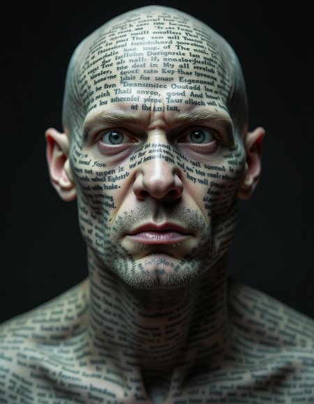 A close-up portrait of a 40-year-old bald man with pale skin and an intense, crazed expression. His entire face, neck, and bald scalp are covered in intricate tattooed lines of biblical scripture. The tattoos are detailed and wrap around his features, creating a striking contrast against his pale skin. The man's wide eyes and unhinged gaze add to the unsettling atmosphere, while the carefully inscribed verses give a haunting, almost surreal, impression of religious obsession.