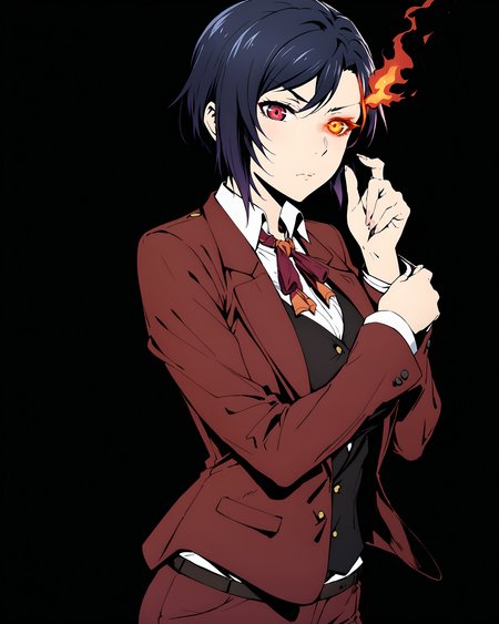 best quality, masterpiece, very authentic, 1girl, solo, bishounen, Furuhashi Suzuna, suzuna's business suit, open jacket, looking at viewer, v-shaped eyebrows, closed mouth, adjusting sleeves, (flaming eye, light trail:1.4), <lora:cytus_v0.9:0.8>, <lora:suzuna-anxl31-000084:0.37>, black background, moody,