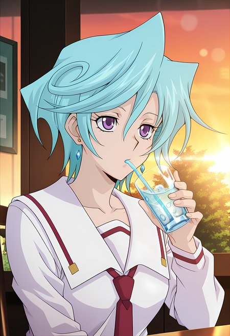 masterpiece,best quality,amazing quality,

1girl, solo, face focus,

Suiko Tatsunagi (Cardfight Vanguard), short hair, blue hair, purple eyes, collarbone, earrings, jewelry, school uniform, serafuku, white sailor collar, necktie, long sleeves, pleated skirt, socks, black footwear, mary janes,

cinematic, upper body, drinking sparkling water, 

Sit, sitting, glass, cafe, greenery, 

afternoon, sunset, 

Lens flare, bloom,

Official style, anime screencap, anime coloring,
















