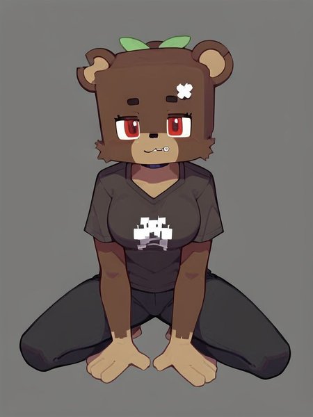 minecraft, score_9_up, score_8_up, furry female, bia, cube_head, square_zipper_mouth, teddy bear, solo, red eyes, carpenter jeans, performance t-shirt, messenger bag ,, crouching, from below, looking at viewer, blue and red background gradient, <lora:y-Bia_SlipperyT:0.8>, ((art by Enigi09))