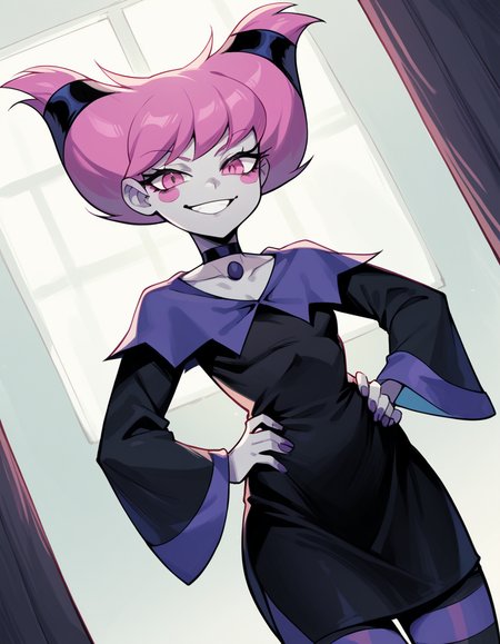 score_9, score_8_up, score_7_up, source_anime, <lora:jinx-dc-ponyxl-lora-nochekaiser_r1:1>, jinx, jinx (dc), colored skin, grey skin, hair horns, pink eyes, pink hair,, choker, long sleeves, pantyhose, striped clothes, striped pantyhose, black dress, wide sleeves, collarbone,, indoors, smug, smile, looking at viewer, solo, hands on hips,, cowboy shot, dutch angle