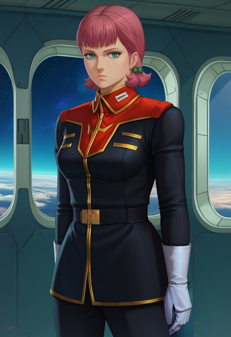 score_9, score_8_up, score_7_up, source_anime, 1girl, solo, breasts, SarahZab1ar0v, hair bobbles, TitanOutfit, science fiction, space, indoors, looking at viewer, window, arms at sides, expressionless, <lora:Sarah Zabiarov - MSGZ-000010:1>, cowboy shot, masterpiece, best quality, zPDXL2