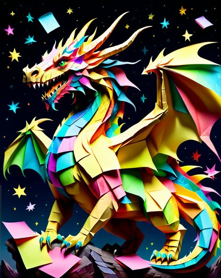 a massive colorful dragon with fine scales made out of Jed-StickyN, dynamic pose, dynamic angle, dark fantasy, epic, intricate details, ultra wide shot, zoomed out, side view, 
<lora:StickyNotesStyle:1>,  <lora:add-detail-xl:0.7>,  <lora:sd_xl_dpo_lora_v1:1>, <lora:xl_more_art-full_v1:0.3>,  set against a  background of a starry sky,