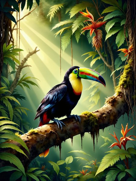 realistic nature illustration, intricately detailed watercolor painting, vibrant and lively image of a striking keel-billed toucan perched gracefully on a branch in the midst of a lush, vibrant costa rican jungle, the background is filled with layers of dense tropical vegetation and exotic plants native to the region, including towering ferns, heliconias, and colorful orchids, soft beams of sunlight filter through the thick canopy above, creating dappled lighting across the scene, in the foreground, the toucan perches on a moss-covered branch, its bright green bill and colorful plumage drawing immediate attention, the branch is rugged and thick, covered in patches of moss, lichen and creeping vines, behind the toucan, large, glossy leaves of tropical plants frame the scene, bright heliconias with their red and yellow bracts and delicate orchids add pops of color, further back, layers of jungle foliage recede into a soft blur, capturing the density and depth of the jungle, sunlight streams through the dense canopy, casting dappled patterns of light and shadow across the foliage, the keel-billed toucan is the main subject, its vibrant colors standing out against the rich greenery of the jungle, the bird sits calmly, the toucanâs poised stance and striking plumage make it the center of attention in the scene, while the surrounding jungle creates a vibrant, lively setting that reflects the natural beauty of costa rica, the toucanâs plumage is rendered in vivid hues of black, yellow, and green, its emerald-green bill and blue feet are painted with delicate detailing, capturing the birdâs exotic beauty, the feathers are soft and slightly ruffled, as if stirred by a gentle breeze, its black eyes are alert, observing the scene around it, a vertical close-up shot of the toucan from a slight side angle, capturing both the birdâs detailed profile and the surrounding lush jungle, the angle emphasizes the height of the trees and the dense foliage, making the toucan appear nestled within the heart of the jungle, dappled sunlight filtering through the thick canopy above, casting gentle shadows and warm highlights across the scene, the sunlight creates a soft glow on the toucanâs bright bill and glossy feathers, while also illuminating the rich green hues of the jungle, the watercolor medium allows for smooth gradients of light, giving the scene a tranquil and harmonious atmosphere, watercolor on textured paper, capturing the softness and fluidity of the jungle foliage and the vibrant colors of the toucanâs feathers, the delicate brushstrokes create a natural flow between the bird and its environment, with fine detailing on the toucanâs bill and plumage, the rich, vivid colors of the flowers and plants complement the toucanâs striking appearance, while the dappled lighting adds depth and warmth to the scene, dappled sunlight, crepuscular rays, volumetric lighting, intricate details, quaint, picturesque, painterly, <lora:style-watercolor_painting-variant_2-flux-by_adel_ai:1.1> <lora:image_enhancer-flux-by_dever:0.84>