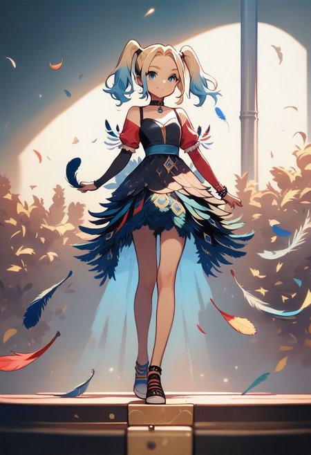 score_9, score_8_up, score_7_up, score_6_up, best quality, highres, source_anime, (cute doodle), solo, black backgruond, light, (Harley Quiin), young, black short, black dress, stage, fashion day, catwalk, walking, elegant, peacock feather dress