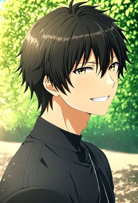 high resolution, solo, best quality, 1Boy, Seiya Kanie, black hair, short hair, thin, Looking at viewer, happiness, depth of field, half body, outdoor, OverallDetail