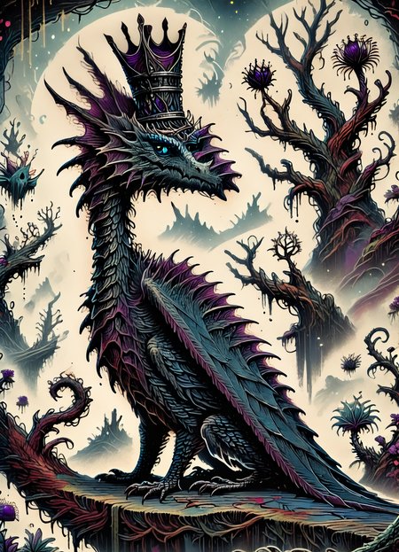 DonM5by55Pr1n7XL, score_9, score_8_up, score_7_up, score_6_up, abysal, 2d illustration, a phosphorescent cyclonic tree drake-like  Wyvern,  tail barb, crowned head,      ,  rating_safe  <lora:DonM5by55Pr1n7XL-pony:1.1>