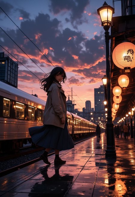 A cinematic anime-style scene of a young woman stepping off a train onto a quiet platform at dusk. Her long, dark hair flows in the breeze, and she wears a beige coat over a pleated navy skirt. Her eyes reflect the golden-orange glow of the sunset, a mix of nostalgia and anticipation in her expression. The sleek, modern train behind her shimmers with the sky’s hues.  
The platform is lined with glowing lanterns, their warm light contrasting with the cool blue shadows of nightfall. The sky is a masterpiece of purples, pinks, and oranges, with wispy clouds stretching across the horizon. Cherry blossom petals drift in the air, caught in the gentle wind.  
Distant city lights flicker beyond the tracks, adding a sense of longing. The air appears humid, causing lights to shimmer, while reflections of the train and lanterns dance on the polished platform tiles.  
Inspired by Makoto Shinkai: hyper-detailed lighting, cinematic depth, vibrant color grading, soft glow, anime realism, intricate reflections, dynamic composition, warm-cool contrast. HD quality, natural look 
Niji_anime, Anime art, deepblack, photo-fen