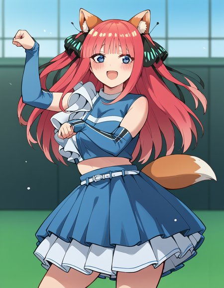 score_9, score_8_up, score_7_up, source_anime, <lora:nnakano-s2-ponyxl-lora-nochekaiser:1>, long hair, bangs, blue eyes, hair ornament, hair ribbon, pink hair, blunt bangs, two side up, butterfly hair ornament, large breasts,, <lora:kitsune-dance-ponyxl-lora-nochekaiser:1>, kitsune dance, cheerleader, layered skirt, paw pose, fox ears, white belt, fox tail, baseball stadium, blue shirt, blue skirt, crop top, sleeveless shirt, midriff, blush, smile, open mouth,, cowboy shot,