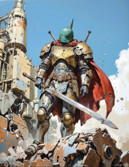 By theaicolab. A digital illustration shoot from below about a robot warrior in a dynamic pose, holding a sword, standing atop a metallic structure amidst a chaotic scene. the image also shows a large, jagged, metallic structure resembling a rocket, with a blue sky and scattered debris in the background. on the middle of the image, a robot with a green helmet and a red cape stands confidently, wearing intricate, metallic armor and holding a large sword. the robot appears to be in a state of dominance, with its full body facing the viewer and its eyes looking directly at the viewer. the armor is detailed with various mechanical components, including a breastplate, pauldrons, and other mechanical parts, and it has a metallic sheen that catches the light. the red cape is billowing behind the robot, adding a pop of color to the otherwise monochromatic scene. <lora:The_AI_Colab:1>