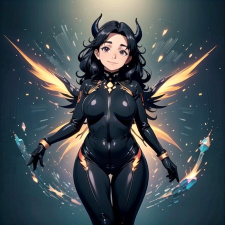 ((top quality, 8k wallpaper)),(masterpiece, best quality),extremely detailed,high definition,(official art:1.3),(((anime screencap,black outline))),<lora:more_details:0.3>,<lora:LCM_LoRA_Weights_SD15:1>,1girl, (large breasts), (parted bangs:1.6), <lora:ETO_OC:0.2> ETO-OC, <lora:ETO_OCC006:0.4>, ETO_OCC, (curly hair:1.3), (long hair:1.1), thick eyebrows, pale skin, curvy, (plump:1.2), fat, 1girl, mature female, smile, black hair, looking at viewer,  BREAK <lora:devilmercy-nvwls-v1:0.5> devilmercy, demon horns, blue sleeves, opalescent bodysuit, long sleeves, blue gloves, pelvic curtain, (mechanical wings:1.4), opalescent leggings, fire, sparks, brimstone, (glowing wings), (neon lights), magical, mystical, rainbow, <lora:opal-style-darquelilly-v1:0.8> opalstyle, opal gems