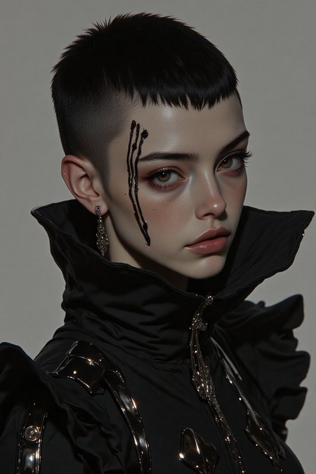A stunning, high-quality, 8K closeup fashion editorial photograph of a European woman with fair, freckled skin and sleek, dark hair styled into a sharp asymmetrical bob. Captured in monochromatic tones, the image showcases her avant-garde outfit: a voluminous puffed jacket with asymmetrical folds, crafted from matte satin fabric, featuring exaggerated shoulders and a cinched waist that creates a dramatic silhouette. The lens used is an 85mm f/1.4, ensuring exceptional sharpness with a beautifully blurred background, and the camera is a Canon EOS R5. Her face is adorned with surreal makeup—three horizontal, adjacent rectangular stripes painted across her cheeks, intricately detailed with black fractal lines that form an optical illusion, blending seamlessly with the monochromatic theme. The soft yet dramatic lighting, provided by a softbox, casts delicate shadows that highlight the texture of her jacket and the fine details of her face paint. Her piercing gaze and the carefully balanced composition elevate the shot, captured by renowned fashion photographer Elara Voss, merging avant-garde style with surreal visual artistry.