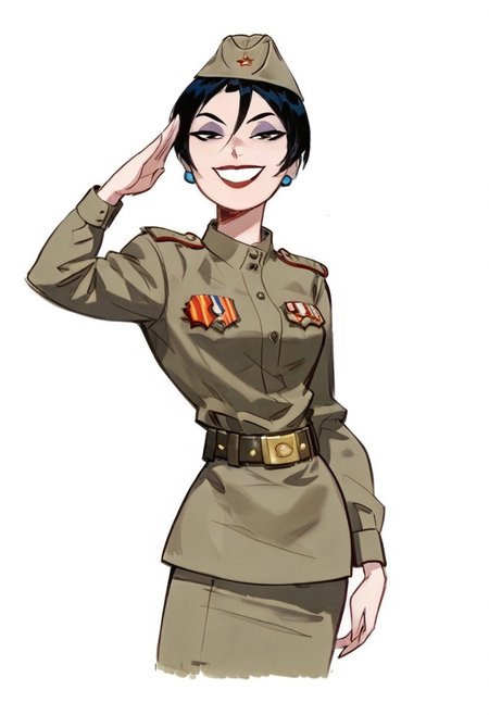 score_9, score_8_up, score_8_up, btimmsketch, 
DeathGirl, 1girl, short hair, black hair, white skin, eye shadow, earrings, evil smile, halftone effect, Soviet Military uniform, skirt, belt, garrison cap, salute, smug