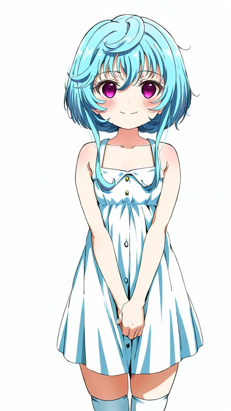 white_background,simple background,1girl,solo,full_shot,looking_at_viewer,<lora:Maryberry_Illustrious_v8:1>,Maryberry,white_thighhighs,blush,anime screenshot,sincos,looking_up,smile,sundress,armpits,flat chest,v_arms,, masterpiece, best quality