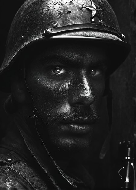 style by Brassaï, cinematic photo,epic, dark cowboy photo of grimy WWII solder wear helmet,soot-stained, sweat on the skin reflections,4k skin texture,35mm cinematic , film, bokeh,  professional, 4k, highly detailed, 35mm photograph, film, bokeh,  professional, 4k, highly detailed, detailed beautiful eyes