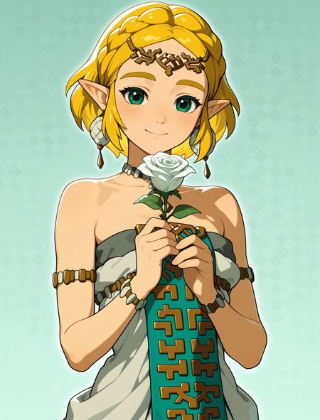 masterpiece, best quality, amazing quality BREAK zelda1x, hyruledress, holding white roses, smile, triforce background <lora:Zelda:1>