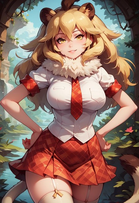 score_9, score_8_up, score_7_up, 1girl, adult , mature, large breasts, lion (kemono friends), blonde hair, animal ears, tail, yellow eyes, long hair, hair between eyes, white shirt, short sleeves, fur collar, red skirt, plaid skirt, red necktie, plaid necktie, thighhighs, breast pocket, white shoes, highly detailed, intricate, zzCitronLegacy, enchanted grotto, hands on hips, head tilt, naughty smile