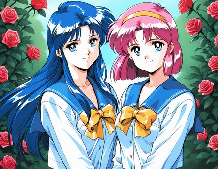 masterpiece, best quality, good quality, <lora:AiShimai_Futari_no_Kajitsu_IS:1> Kitazawa_Rumi, 1girl, blue hair, breasts, long hair, blue eyes, 
school uniform, serafuku, 1990s (style) BREAK, Kitazawa_Tomoko, 1girl, pink hair, Yellow hairband, small breasts, short hair,
serafuku, school uniform, Yellow ribbon, 1girl, BREAK,
 multiple girls, 2girls, blue eyes, blue hair, long hair, retro artstyle, long sleeves, smile, bow, blue sailor collar, sailor collar, 1990s (style), upper body, looking at viewer,
outdoor, flower, rose,