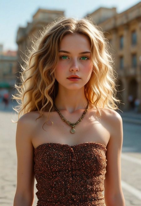 neoteny, soft jaw, small mouth, wideset eyes, barely, clothed, skinny, small tits, light makeup, round face, lipstick, european, body, portrait, 1girl, solo, long hair, jewelry, necklace, upper body, parted lips, looking at viewer, brown hair, lips, realistic, green eyes, bare shoulders, outdoors, blue eyes, blonde hair, collarbone, day, depth of field, messy hair, small breasts, breasts, forehead, arms at sides, eyelashes, photorealistic, slightly wavy hair, pair skin, eyeshadow