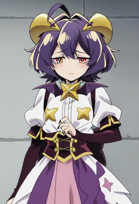source_anime <lora:GushingoverMagicalGirlsSet1:0.8>, MagiaBaiser, short hair, yellow eyes, ahoge, purple hair, magical girl, showgirl skirt, black nails, low wings, cross-shaped pupils, yellow horns, star pasties,,, ,,, , , ,,,, ,,, , ,,,,,,,, anime coloring,anime screencap, 1girl,Solo ,, anime,official art,,Uncensored ,Unedited ,,,,,,,,
