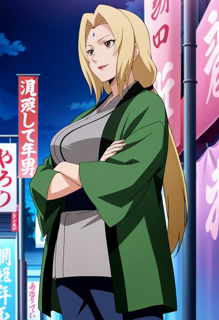 outdoors, smile,solo,cowboy shot, standing, crossed arms, 
<lora:tsunade a2:1> tsunadea,brown eyes, blonde hair, long hair, large breasts, twintails, lips, makeup, low twintails, lipstick, red lips,
forehead mark, 
coat,green coat, kimono,grey kimono, pants,blue pants, high heels, 
anime screencap, masterpiece, best quality,
