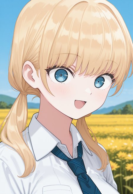 _shia, blonde hair, long hair, blue eyes, twintails, necktie, school uniform, collared shirt, <lora:hoshino_shia_illustrious_ver1:0.8> 
smile,, masterpiece, best quality, general,, 1girl, solo, (field:1.2), (blue sky:1.2), looking at viewer,, (upper body:1.2), (close-up:1.2), (facing viewer:1.2), (open eyes:1.4), (portrait:1.2)