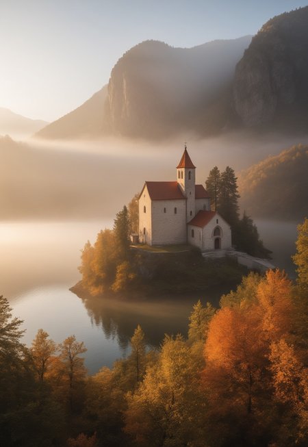 a small medieval monastery standing on a small island in a mountain lake,
early morning, thick fog envelops island, bright orange sun-ray falling on monastery wall,
BREAK,
BEST QUALITY, MASTERPIECE, HIGHLY-DETAILED, HIGH-RES, 4K, 8K, RAW,
SHARP FOCUS, INTRICATE DETAILS,
 (8k uhd:1,4)
 <lora:add-detail-xl:1>
 <lora:Dynamic Poses:1>