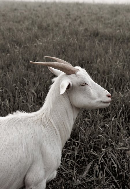 Shot on 35mm film, Film Still, Close-up Shot, White Goat, in a open grass field, Haze, foggy, kodak vision3 500t Film, Film Grain, film halation, bleach bypass, Desaturated colors, High contrast, Grainy texture, Cool tone bias, 28mm Focal Length, f/2.8, ISO 100,  high dynamic range, film photography, (sharp details, high quality, 4k, intricate details, highly-detailed)