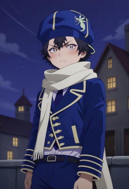 score_9, score_8_up, score_7_up, source_anime, highly detailed, human child,
zazie, 1boy, male_focus, solo, uniform, blue uniform, jacket, pants, hat, blush, scarf, black hair, slit pupils, white scarf, short hair, looking at viewer, upper body, 
outdoor, night sky,