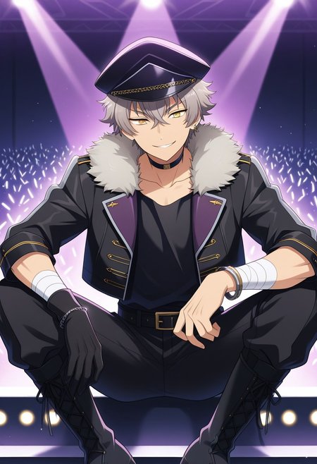 masterpiece,best quality,amazing quality, source_anime, 
kogaoogami, 1boy, male focus, solo, yellow eyes, grey hair, jewelry, earrings, undead uniform, hat, peaked cap, black headwear, choker, shirt, black shirt, jacket, black jacket, cropped jacket, fur trim, open jacket, bracelet, bandaged wrist, single glove, belt, black belt, pants, black pants, boots, black footwear, cross-laced footwear,
smile, sitting
stage, lights,